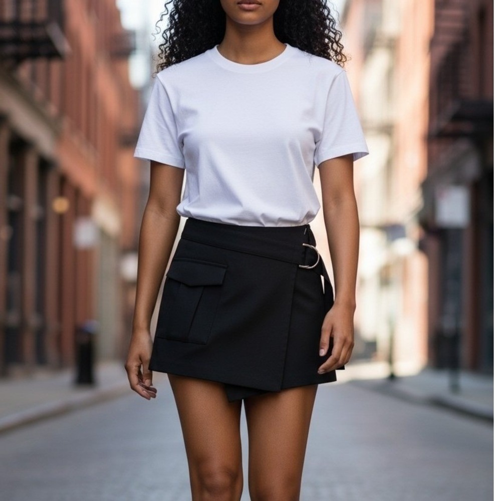 Zara Black Side Zip Wrap Skort Mini Cargo‎ Pocket D-Ring Buckle XS Black Chic